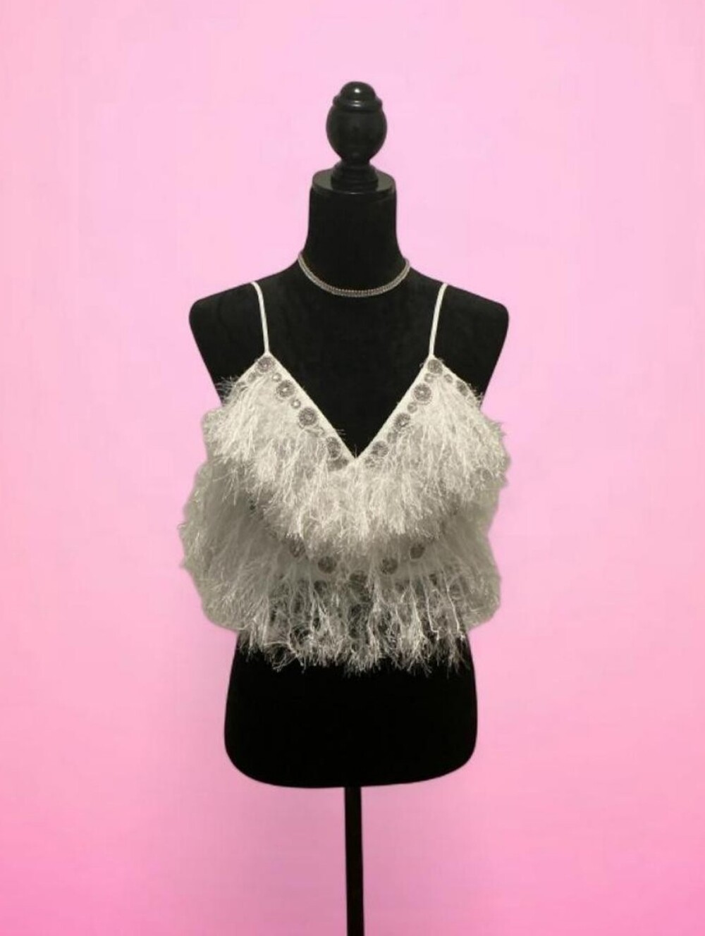 Spaghetti Strap Feather Trim Crop Top - White
